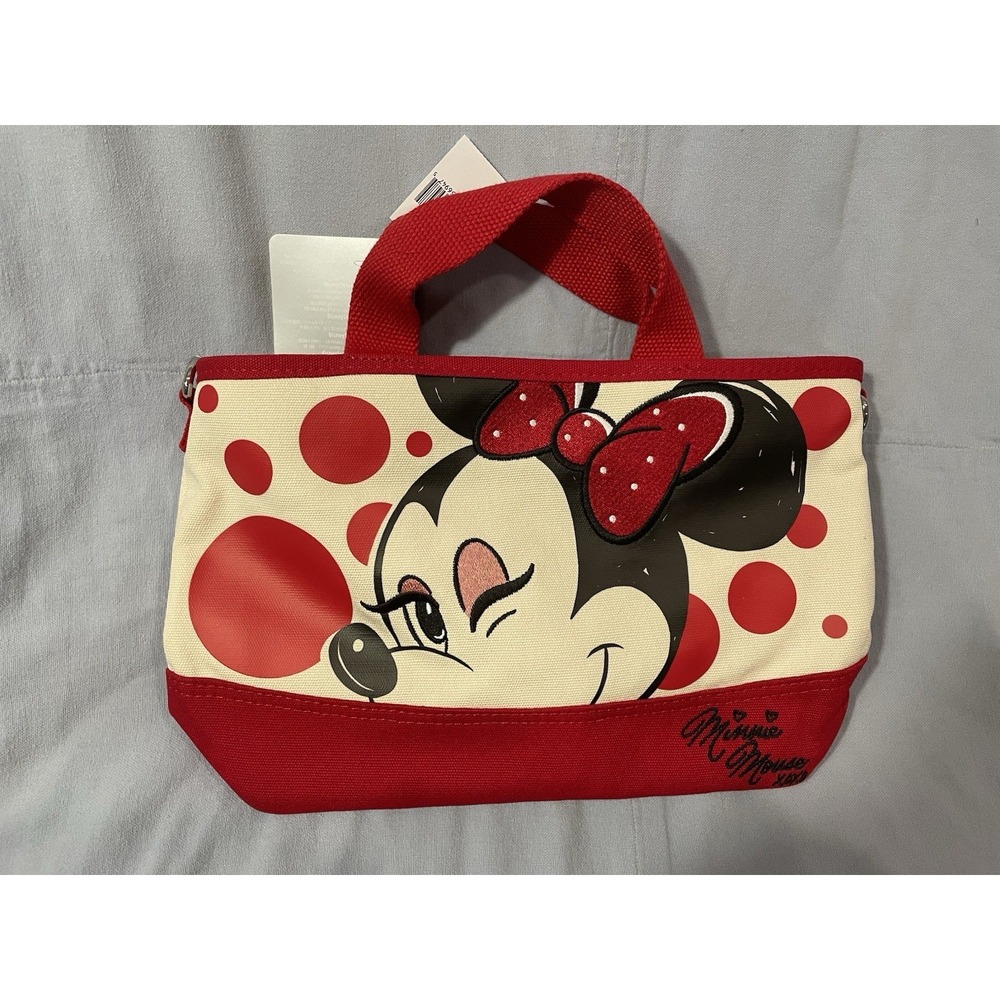 NEW Disney Parks Minnie‎ Mouse Mini Canvas Tote Bag Red Polka Dot Zipper & Strap
